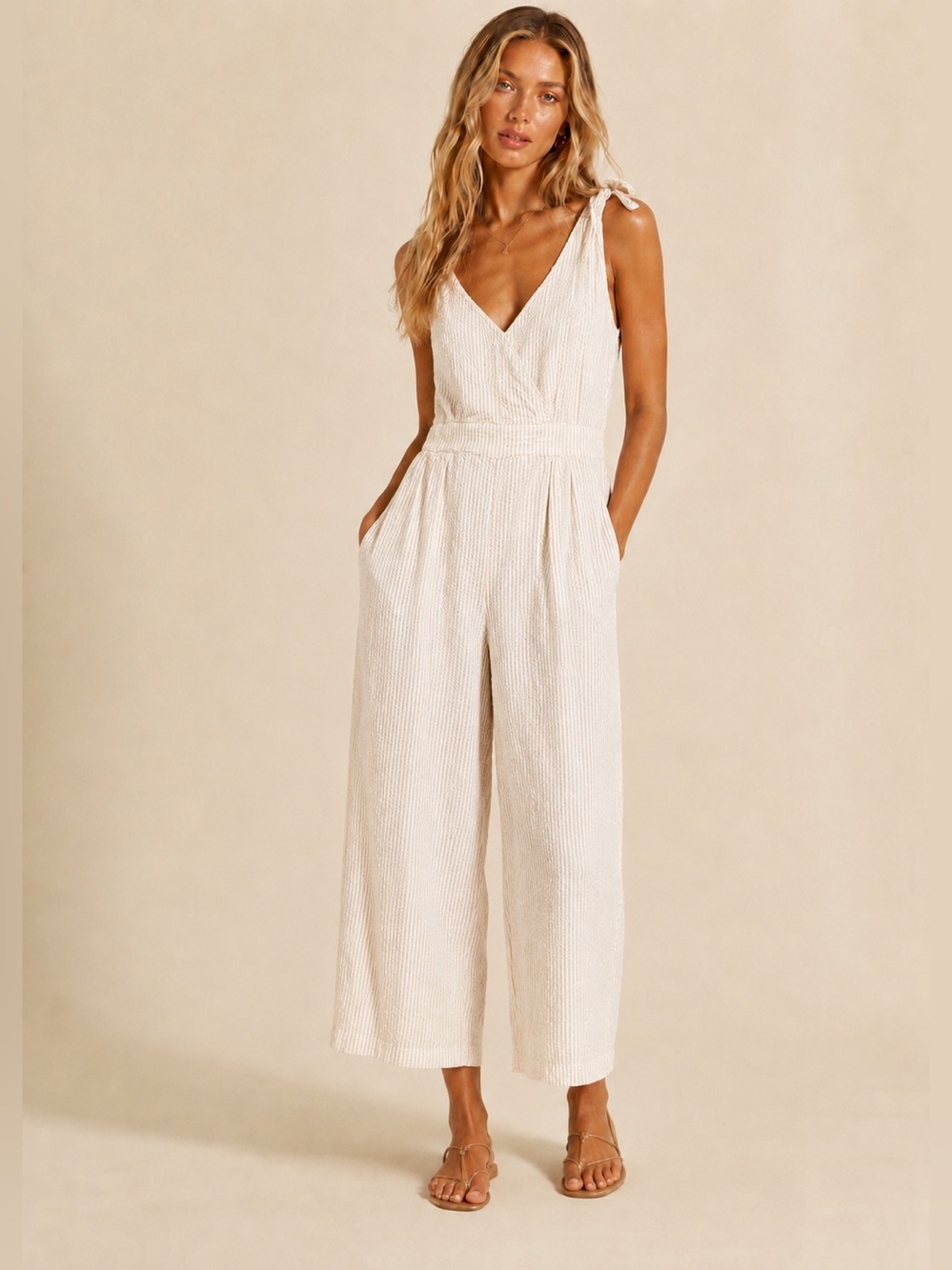 Level Eight Cotton Seersucker Romper Jumpsuit Striped Coastal Minimal Neutral M